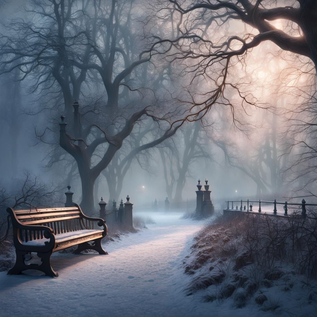 Winter Solitude: A Fantastical Park Scene in Digital Art