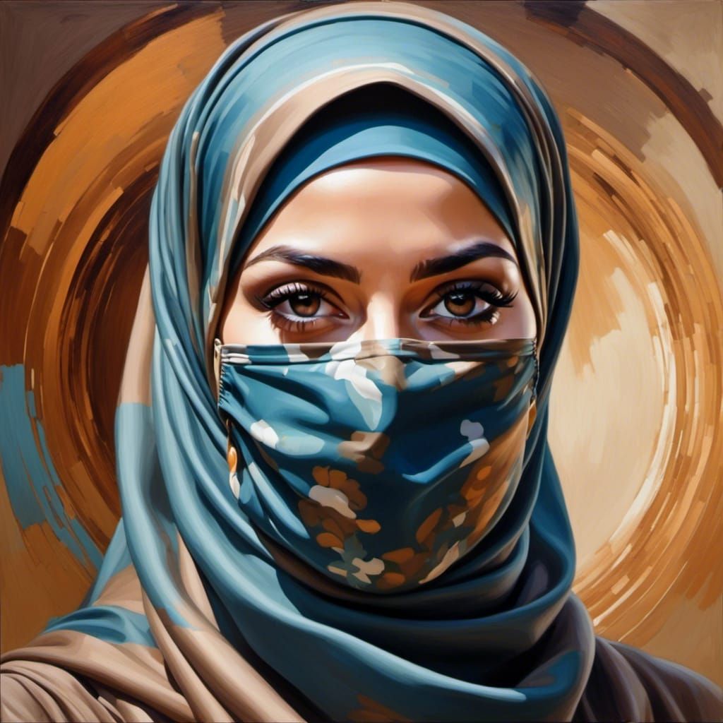 Veiled Woman Portrait in Earth Tones as Oil Painting