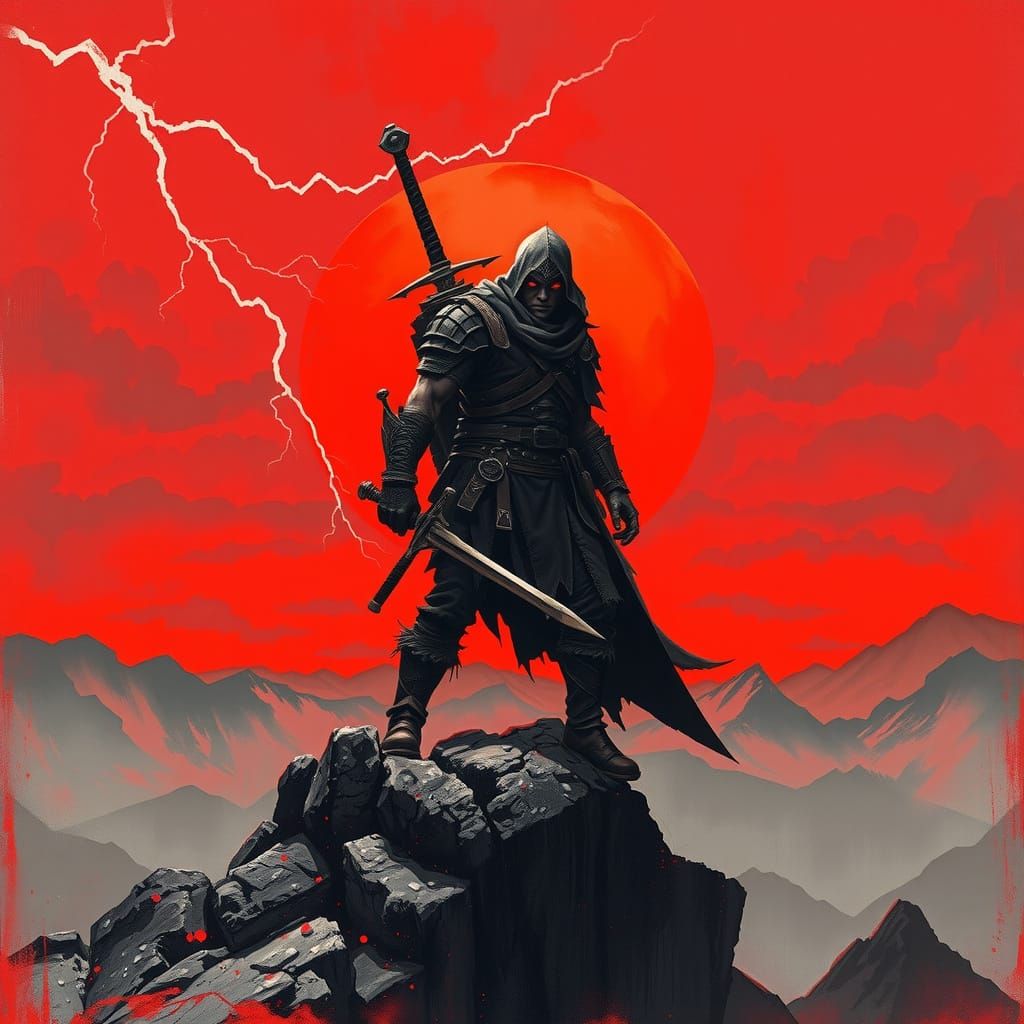 Dark Fantasy Warrior Silhouetted Against Bloody Sunset