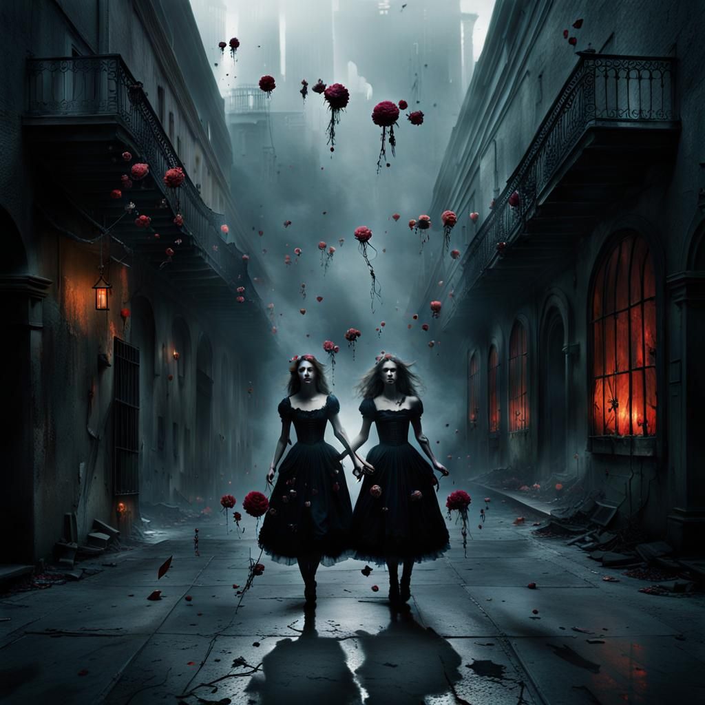 Macabre Flower Girls in Courtyard: Hyperrealistic HDR