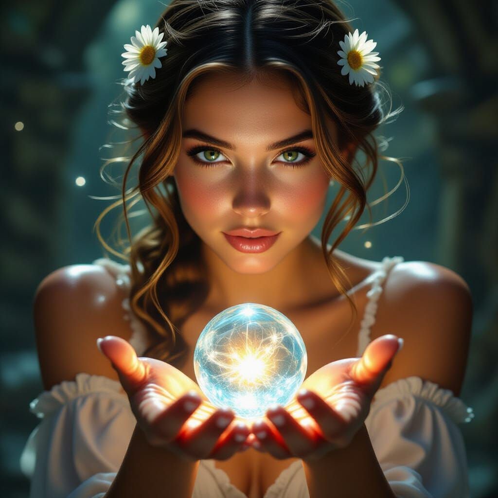 Freckled Woman Holding Melting Crystal Goo