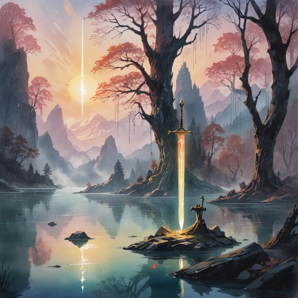Glowing Sword in Mystical Lake Watercolor Art
