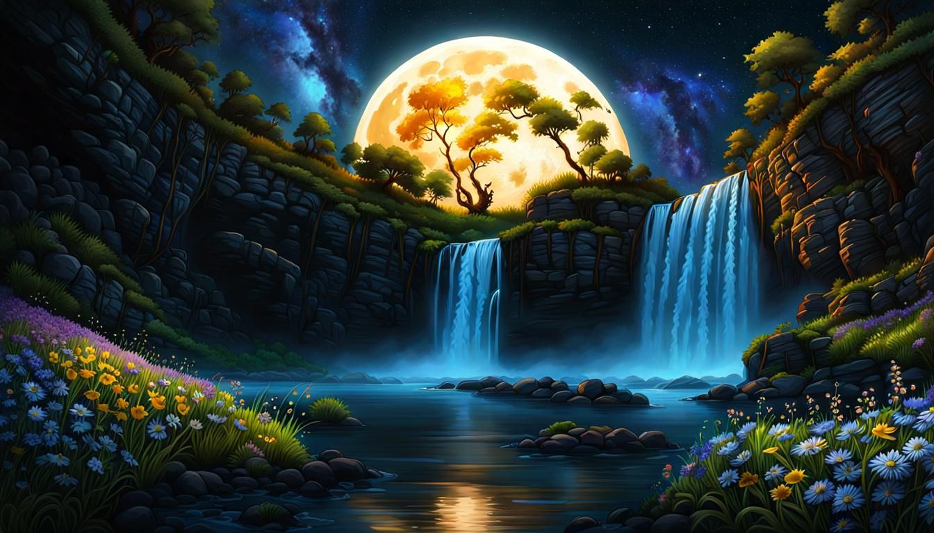 Floral Vase Under Galaxy Sky: Dark Fantasy Art