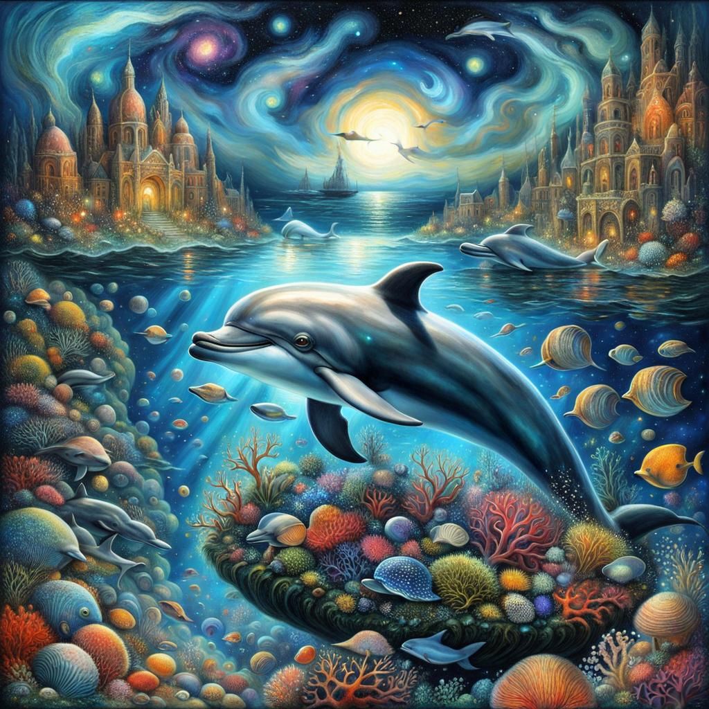 Surreal Dolphin Dreamscape Under Starry Galaxy
