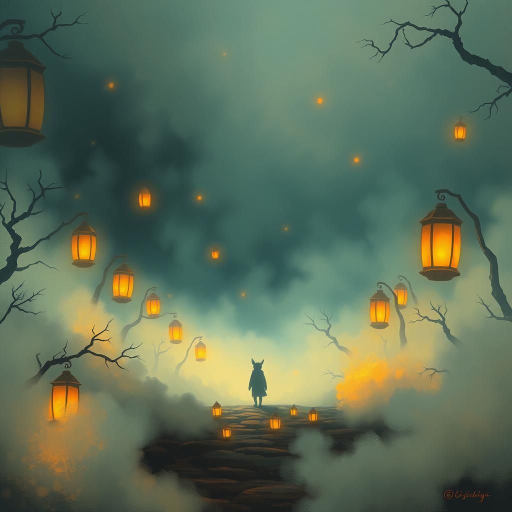 Dreamlike Realm with Eerie Mist in Impressionist Style