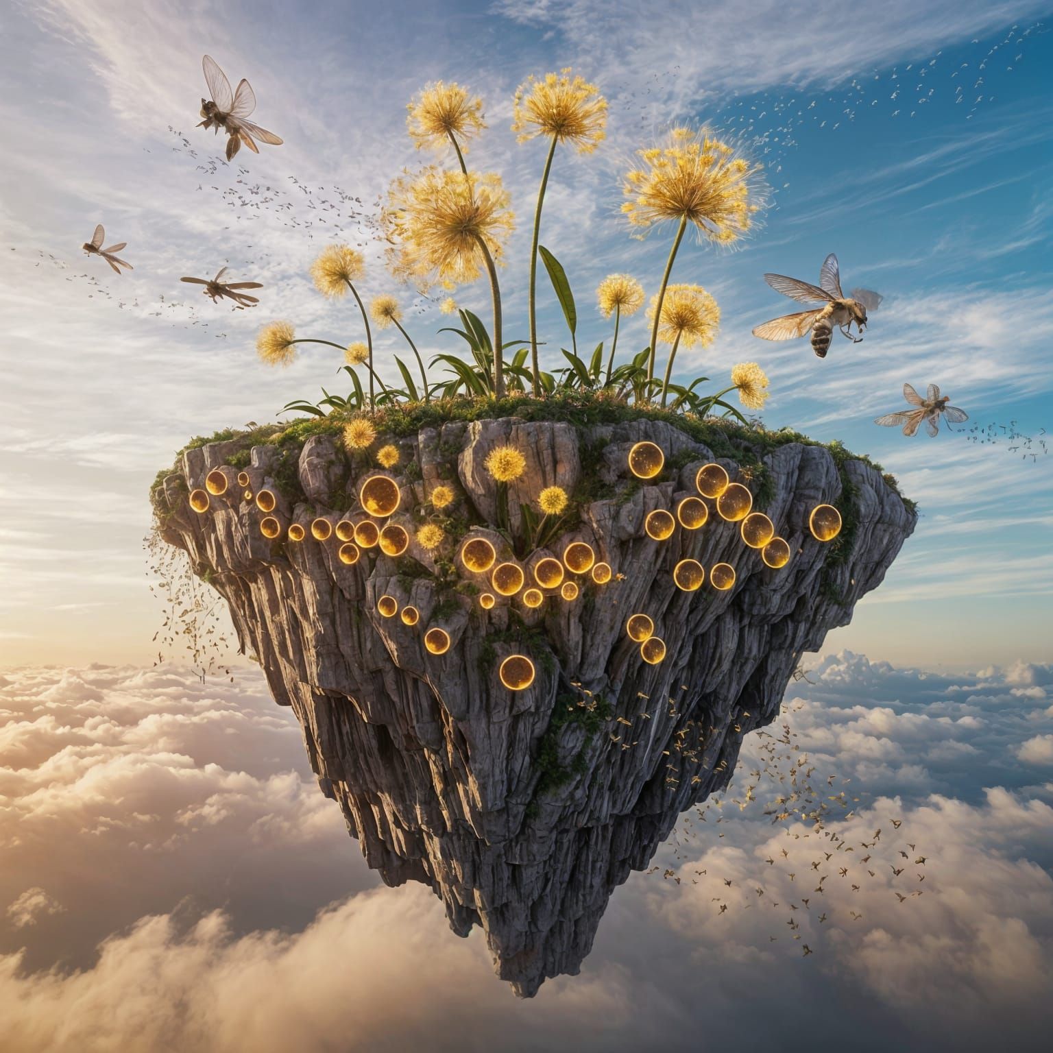 Colossal Floating Anthill Island with Glowing Tunnels