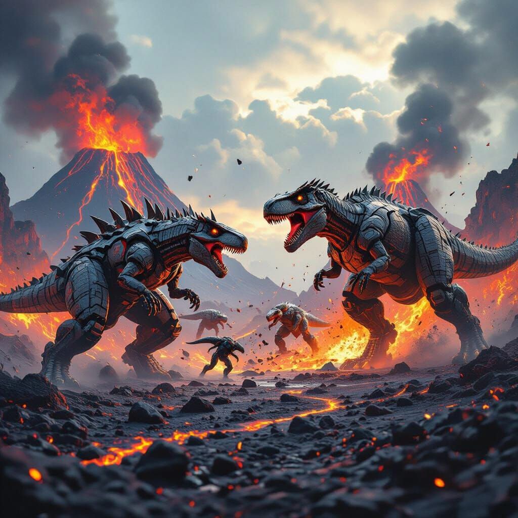 Dinobots and T-Rexes Clash Amidst Volcanic Eruption
