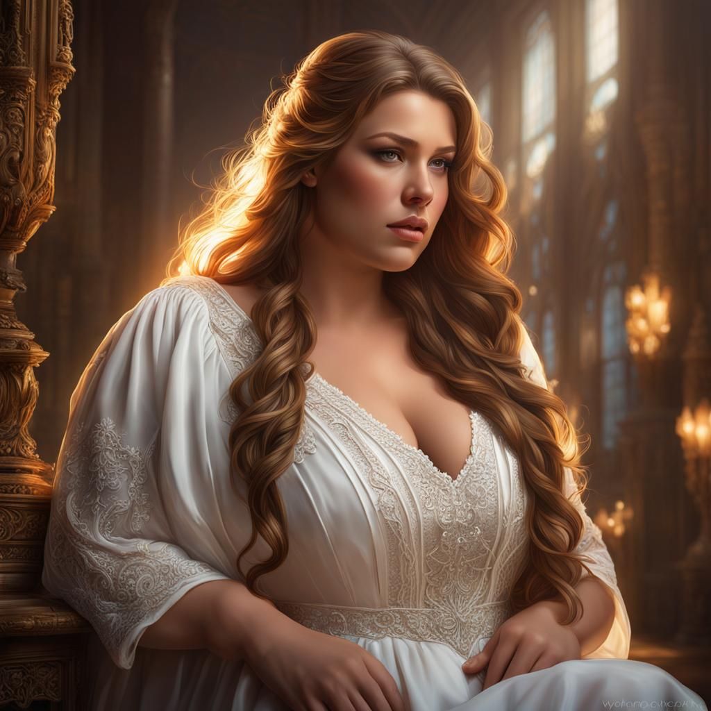 Voluptuous Woman in White Dress: Hyperdetailed Portrait