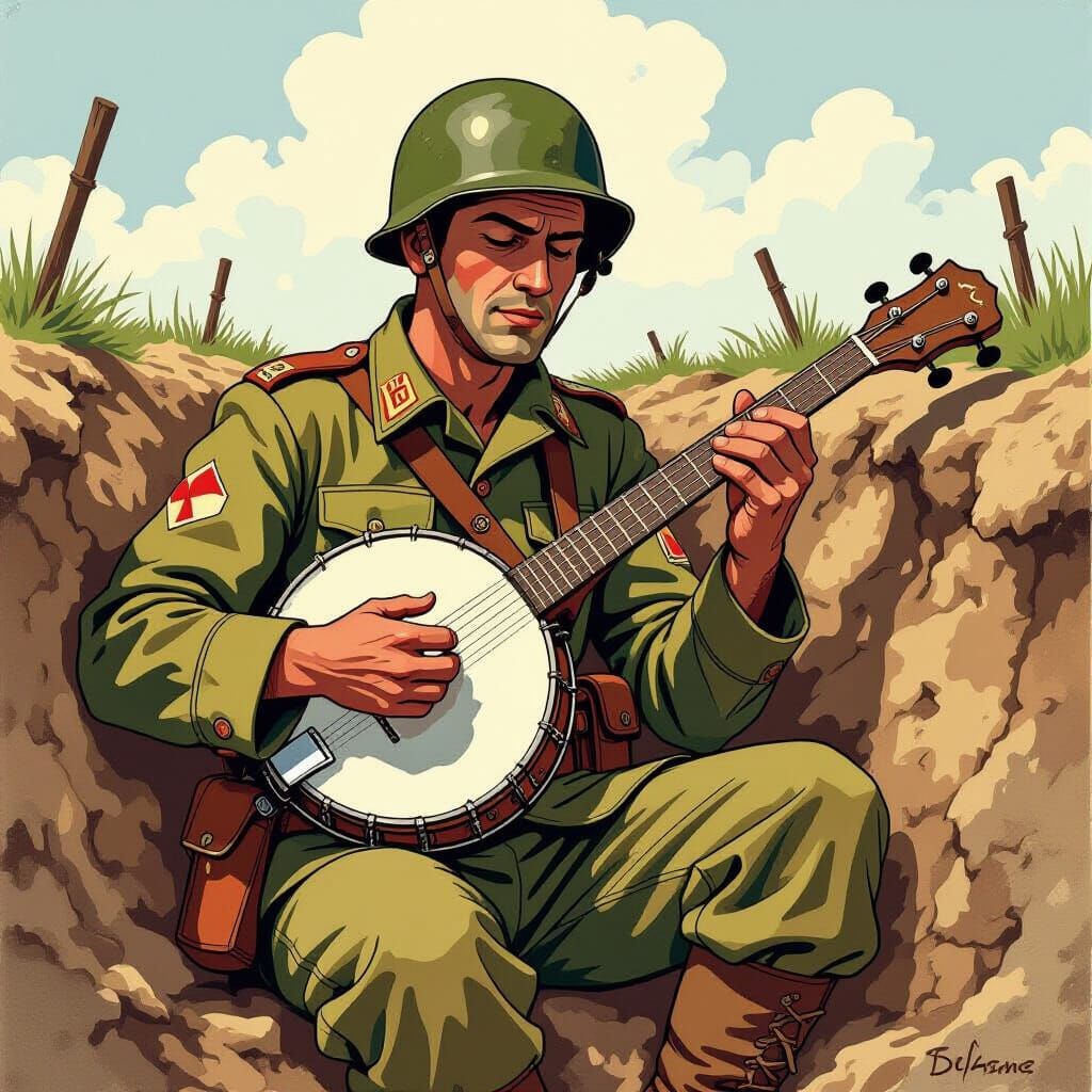 WWII German Soldier Playing Banjo in Cartoon Style