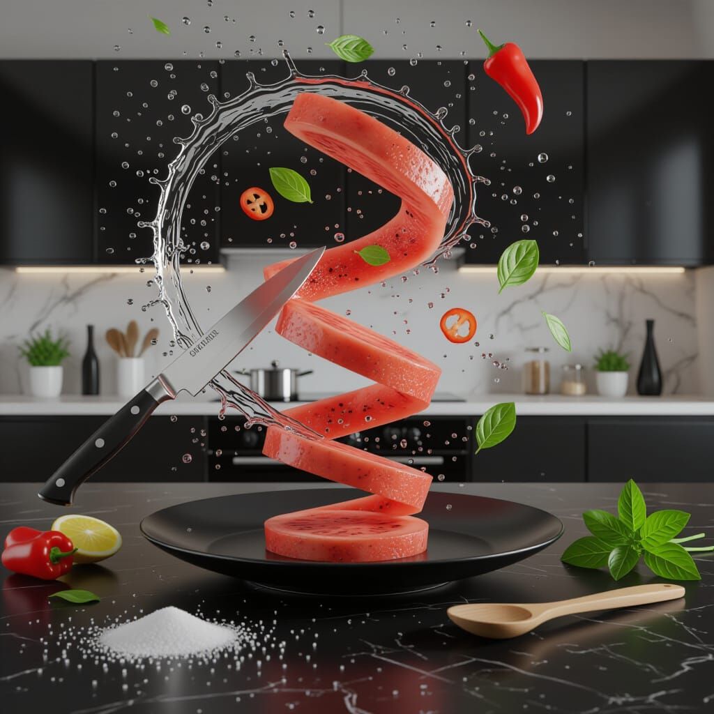 Cinematic Culinary Scene: Sandia Slices Swirl in Modern Kitc...