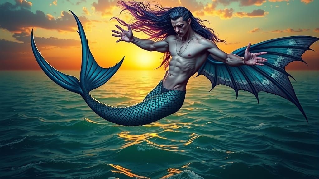 Handsome Vampire Mermen Soar Over Emerald Ocean at Sunset