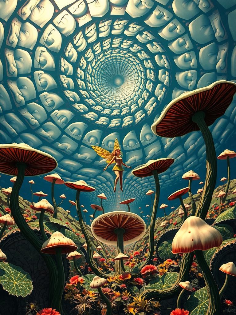 Surreal Landscape with Elastic Flora and Fairy in Vortex