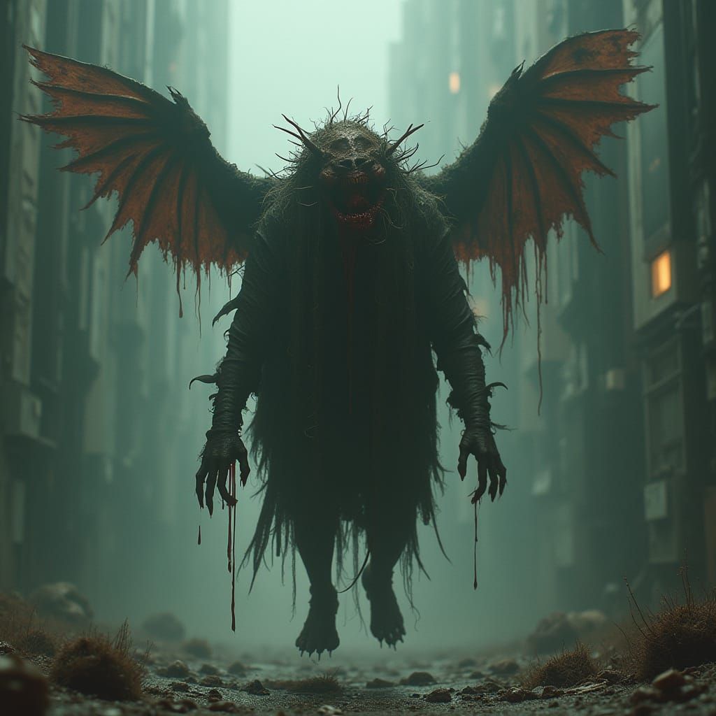 Cyberpunk Horror: Grotesque Figure in Dystopian City