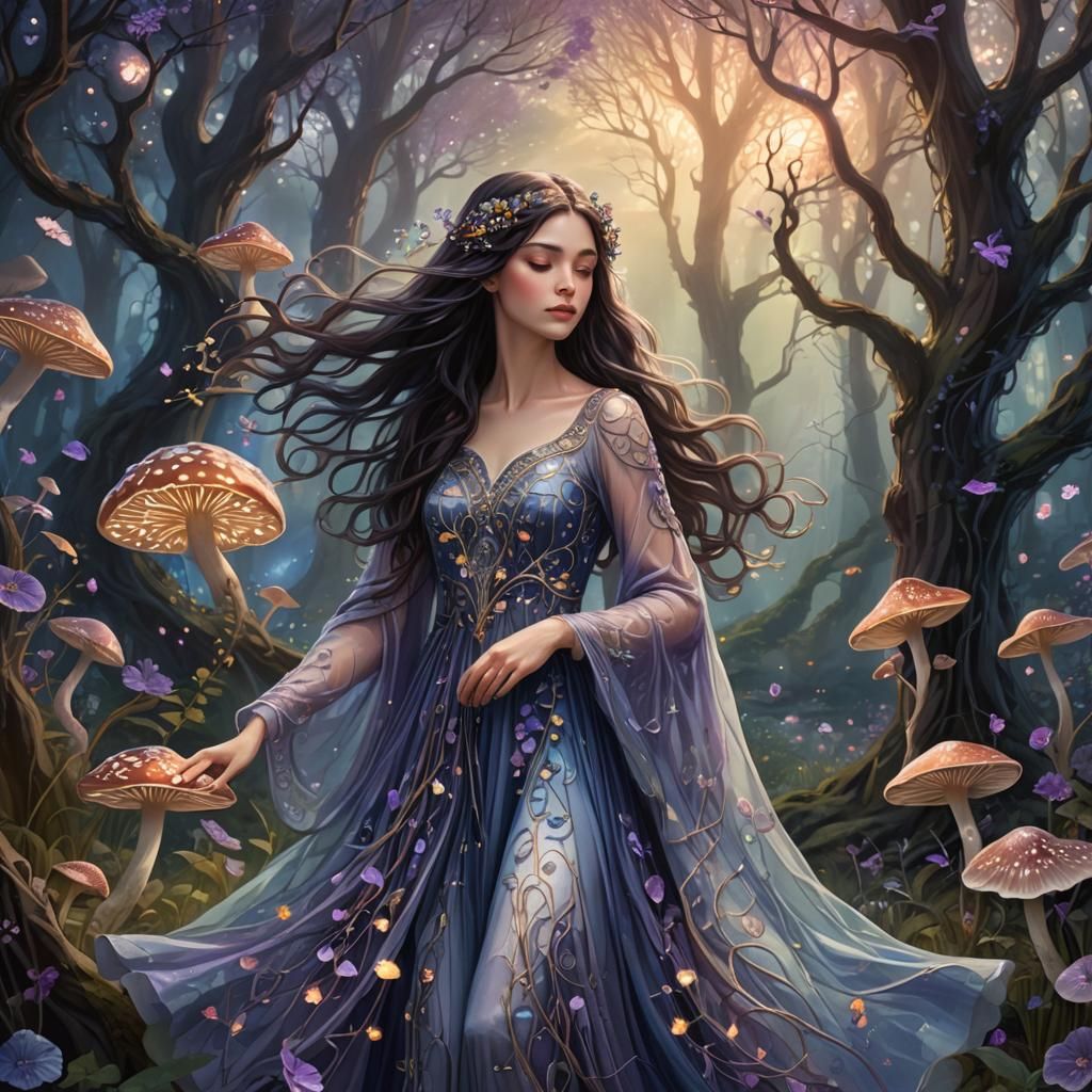 Ethereal Girl in Enchanted Forest Dress