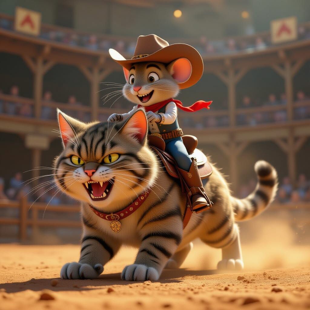 Cowboy Mouse Rides a Ferocious Cat, 3D Animation