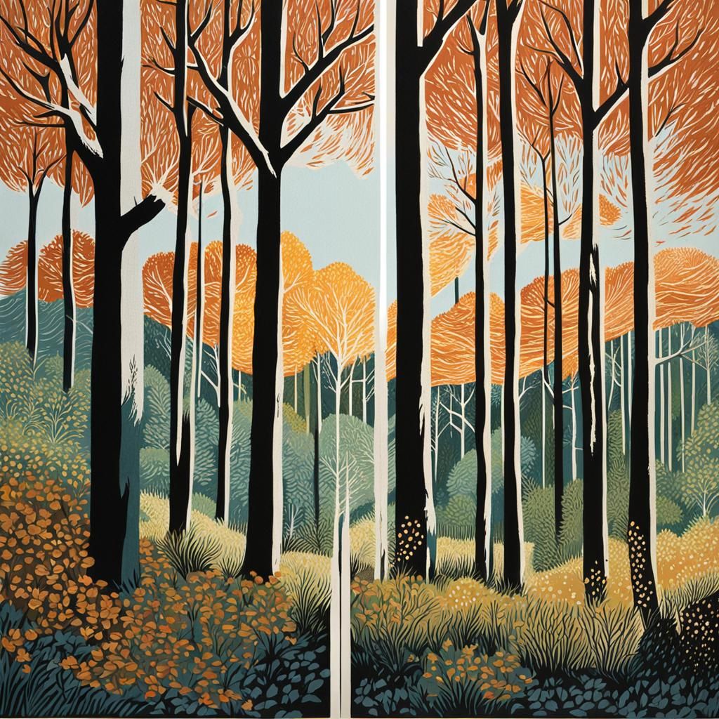 Four Seasons Forest Linocut with Gouache Details