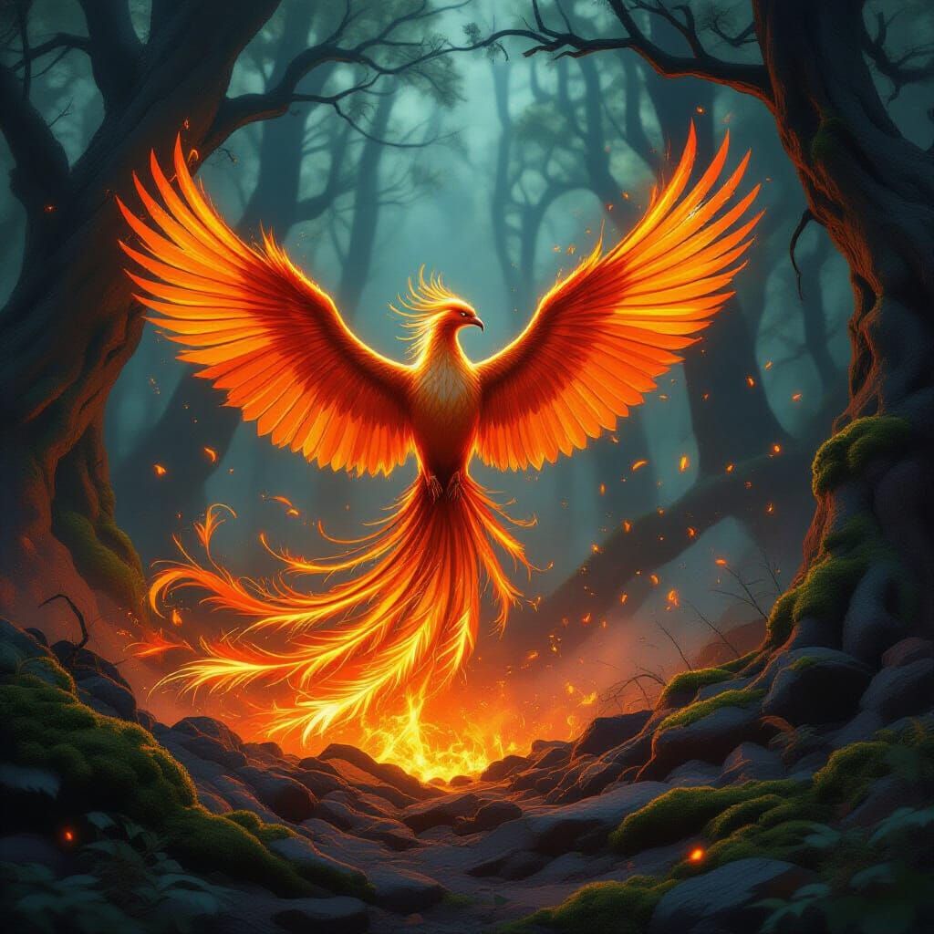 Majestic Phoenix Rises from Ashes in Ethereal Forest