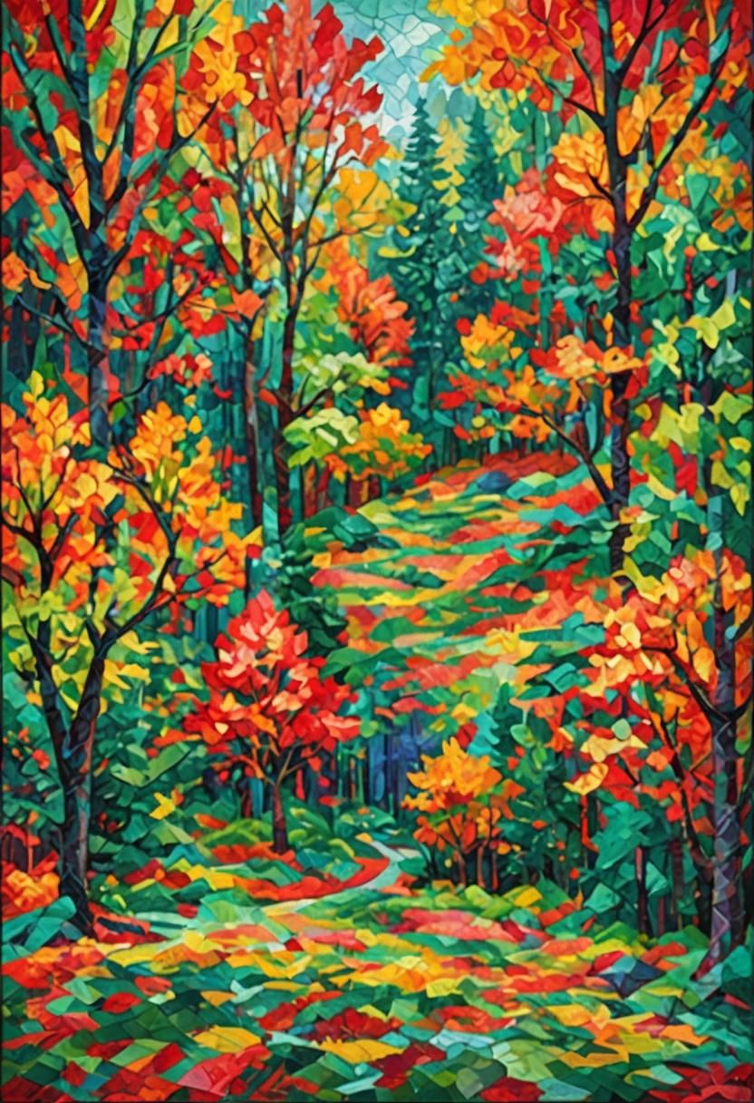 Autumn Forest in Cubist Style, Geometric Fauvism