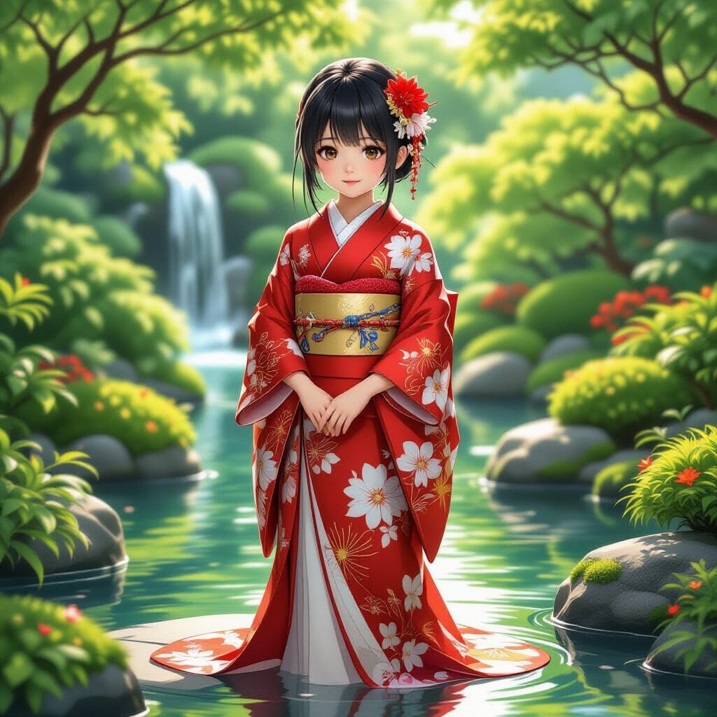 Girl in Kimono in Japanese Garden