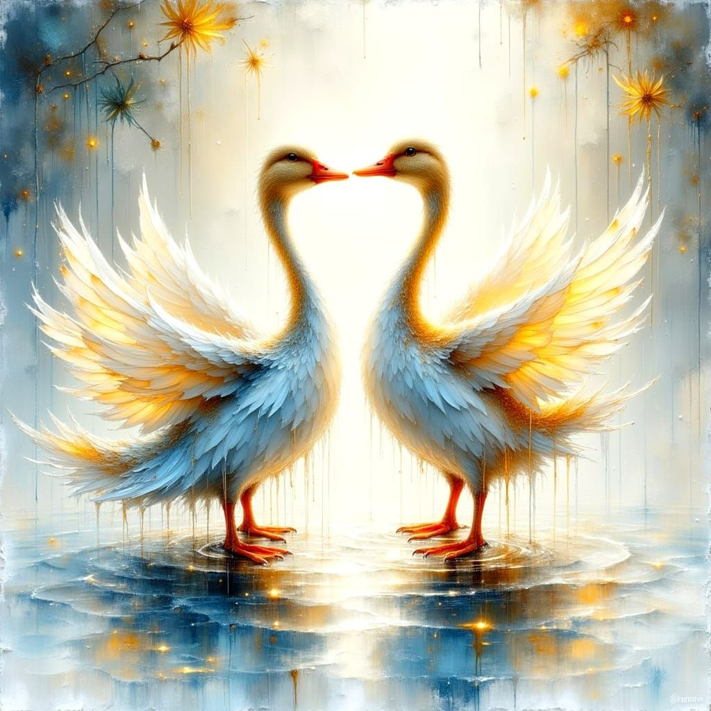 Elegant Ducks Waltzing in Shimmering Puddle as Impasto Paint...