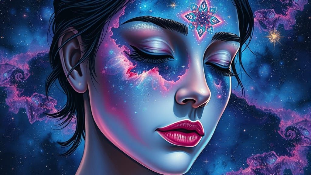 Cosmic Woman: Galaxy Nebula Portrait in Holographic Style