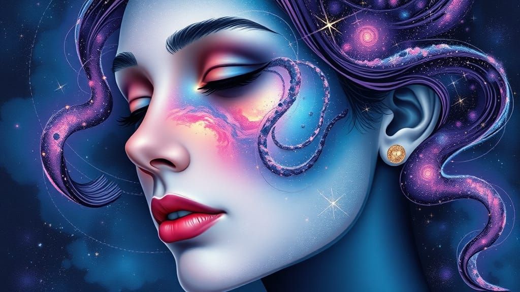 Woman with Galaxy Face in Cosmic Illustration Style