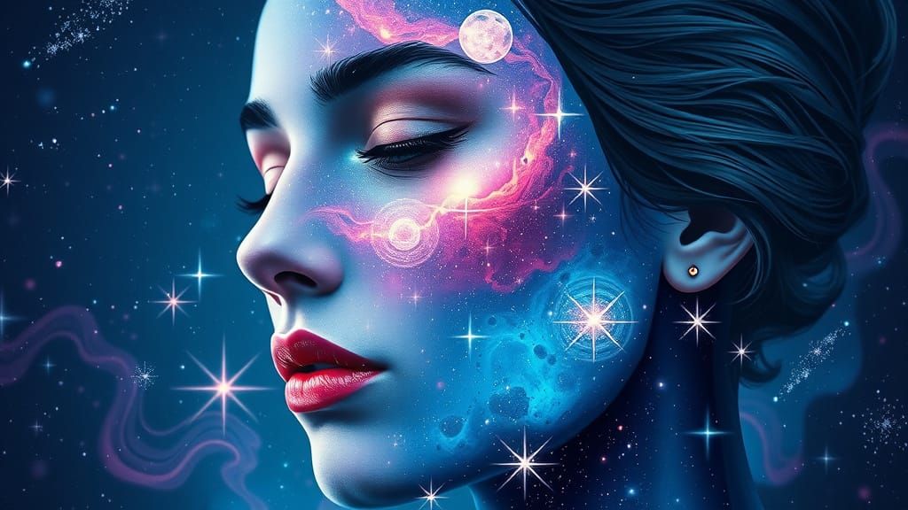 Cosmic Woman: Galaxy Face in Holographic Style