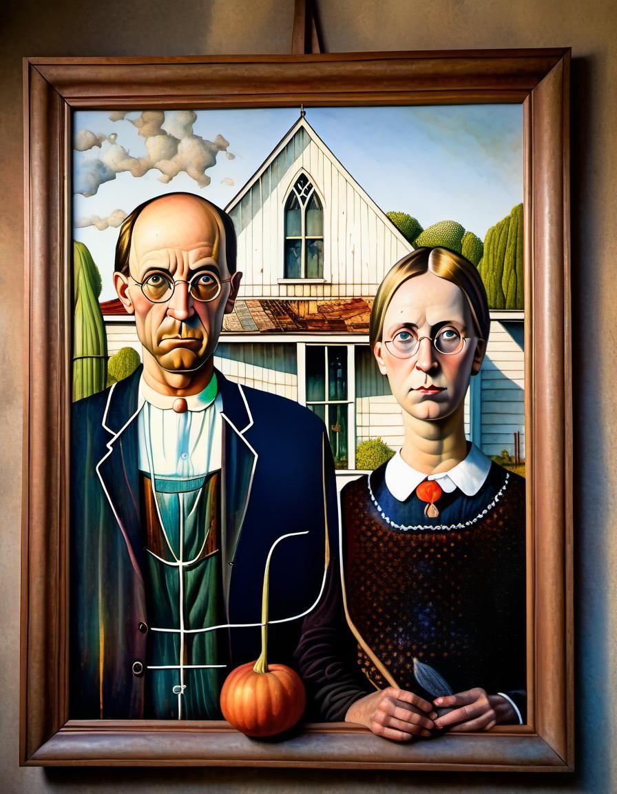 American Gothic Figures Beside Framed Picture, Watercolor St...