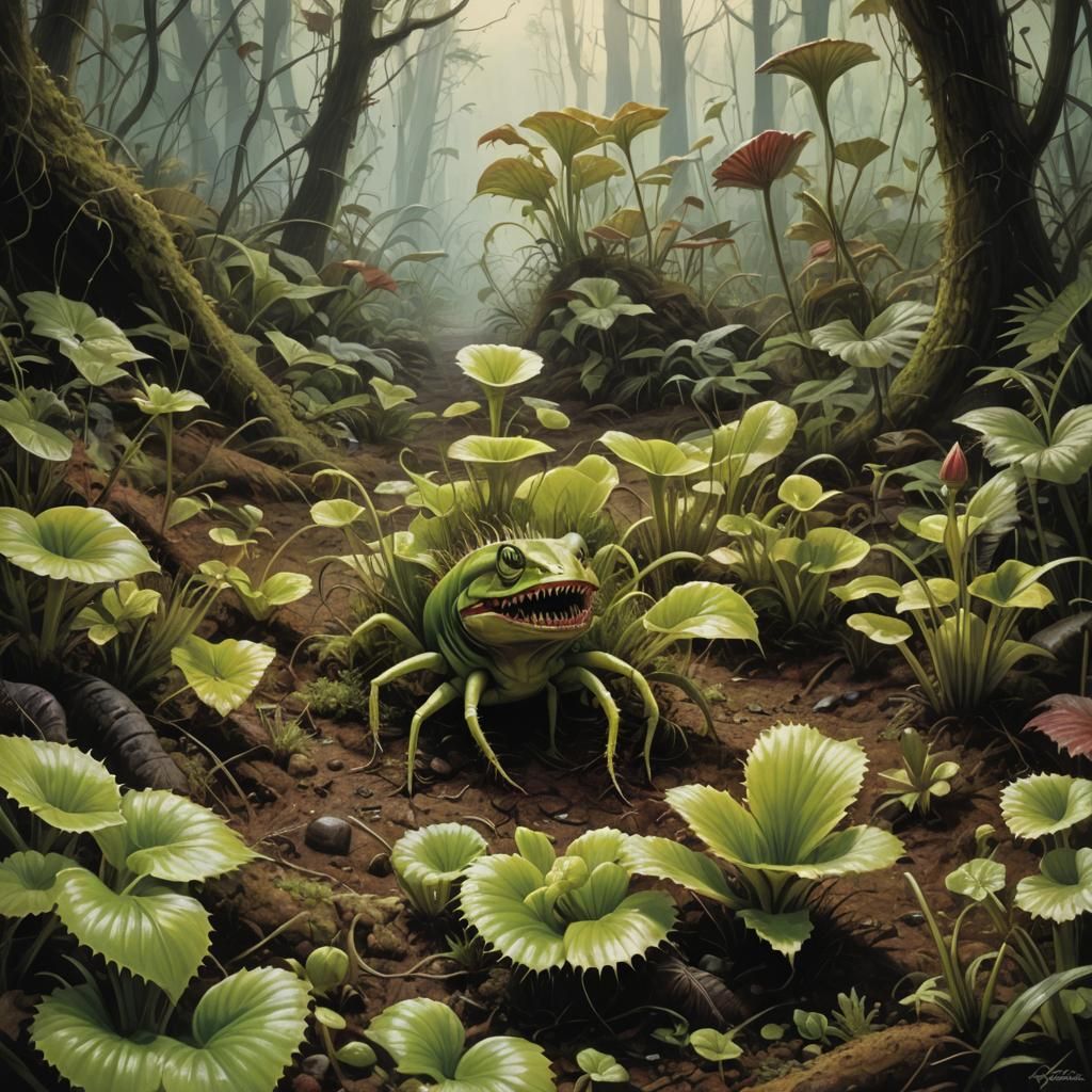 Sinister Venus Flytrap Hunting, Dark Fantasy Art