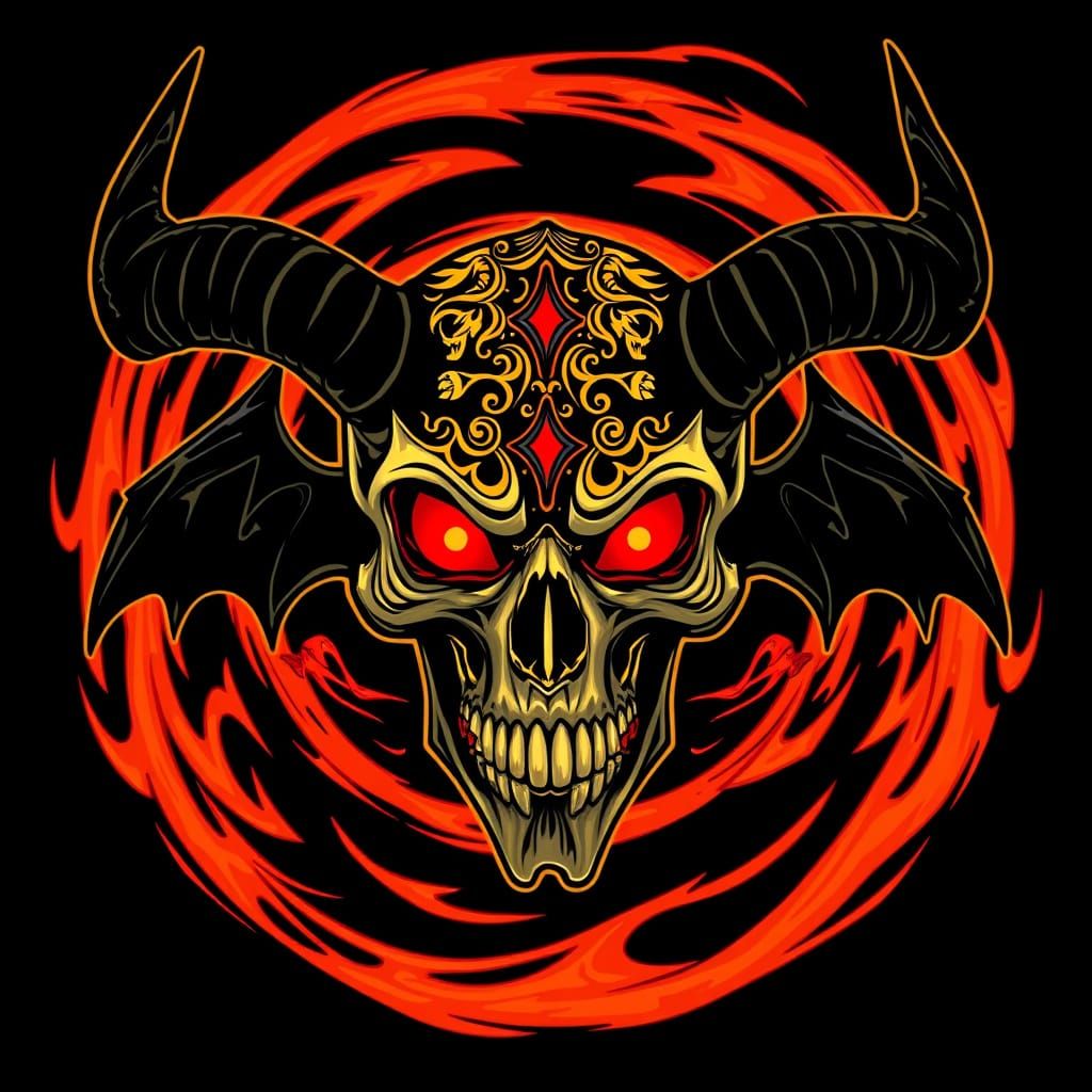 Mystical Golden Skull with Black Horns and Glowing Eyes