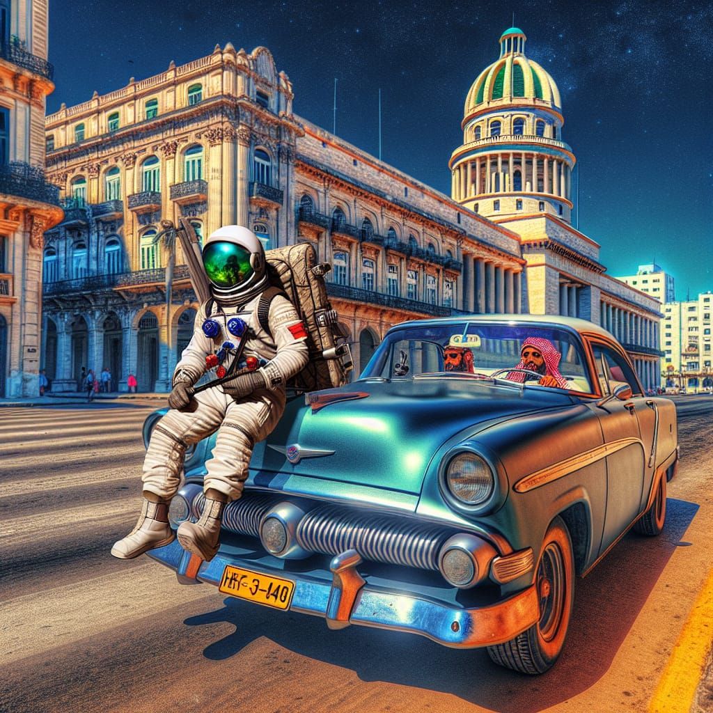 Middle-Eastern Astronaut Driving a Vintage Car in Havana