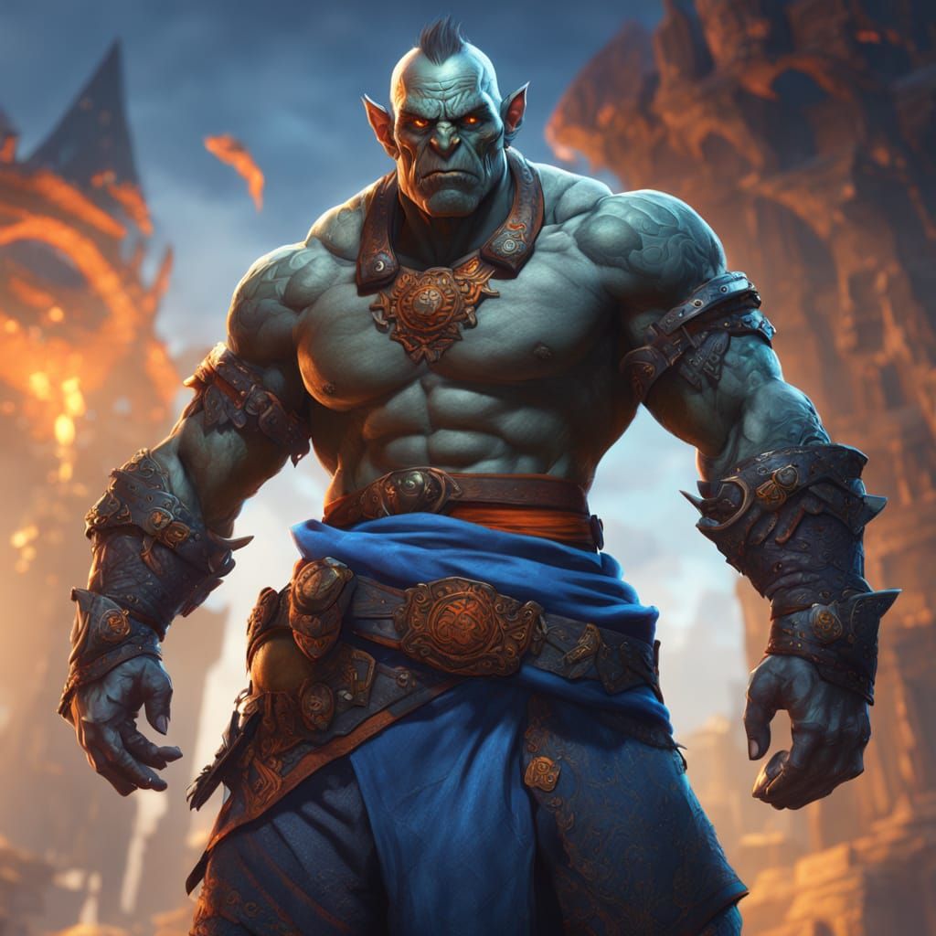 Gray Half-Orc in Fantasy Illustration Style