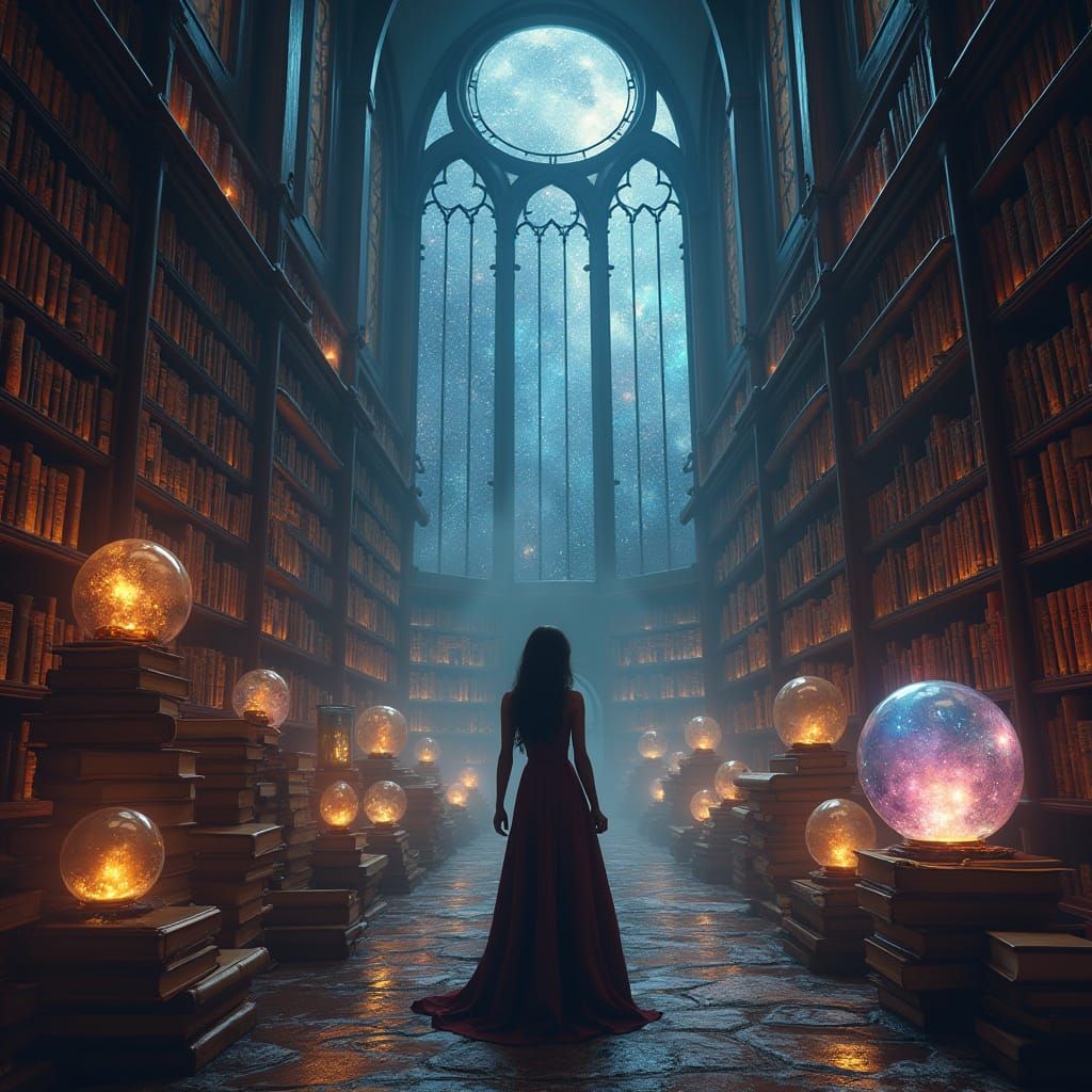 Mystical Library Sanctuary Illuminated by Starlight