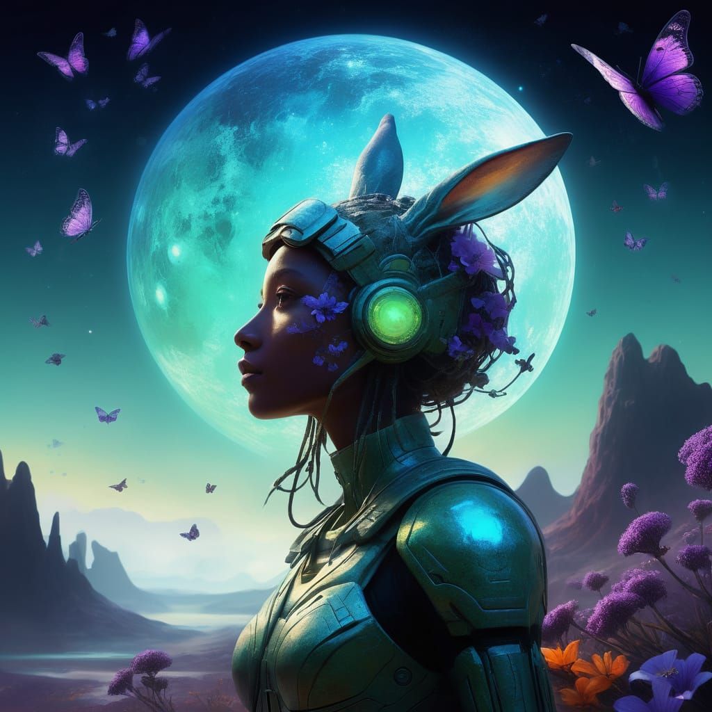 Lavender Bunny Dryad in Whimsical Alien Landscape
