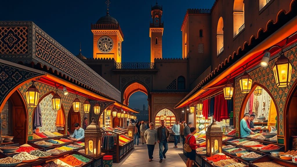 Surreal Night Market in Marrakech Morocco with Vibrant Color...