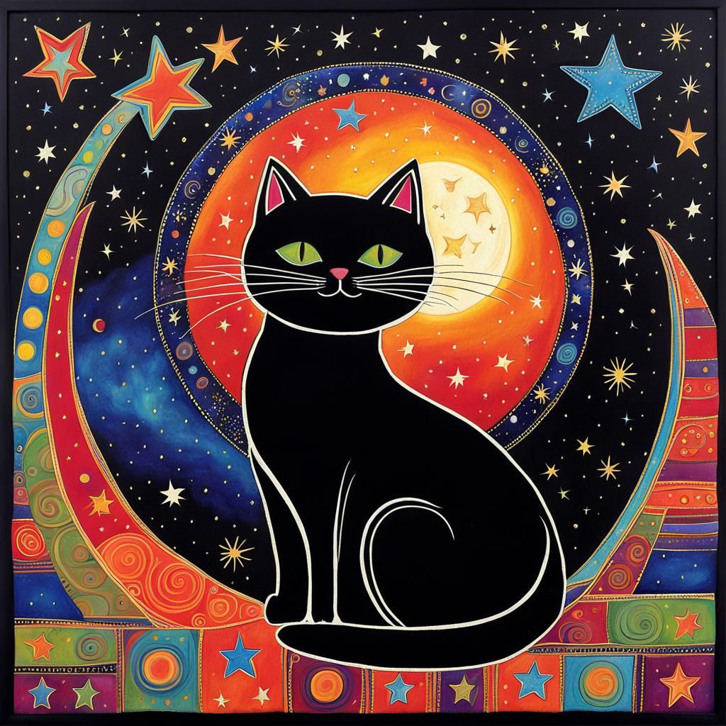 Whimsical Black Cat in Space, Folk Art Style
