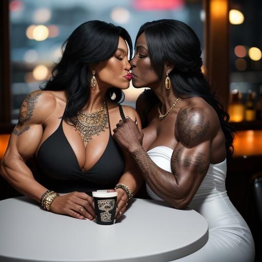 Two Beautiful Bodybuilders Kissing in a Bar