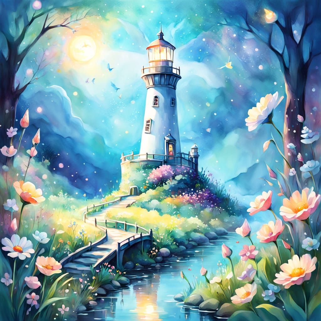 Whimsical Cosmic Lighthouse in Watercolor Style