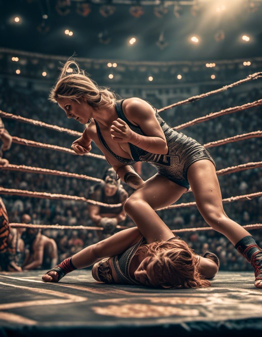 Hyperrealistic Female Wrestlers in a Crowded Ring