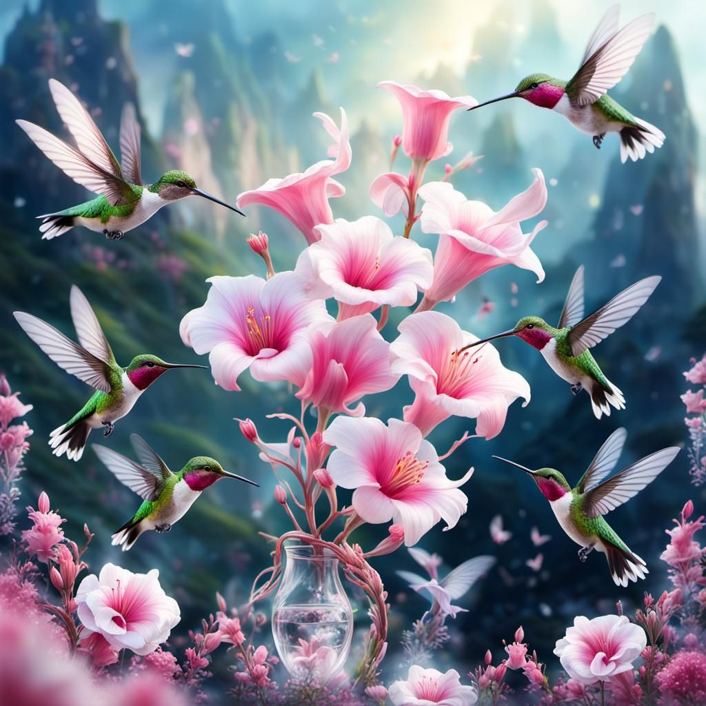 Pink and White Trumpet Flowers in Digital Painting