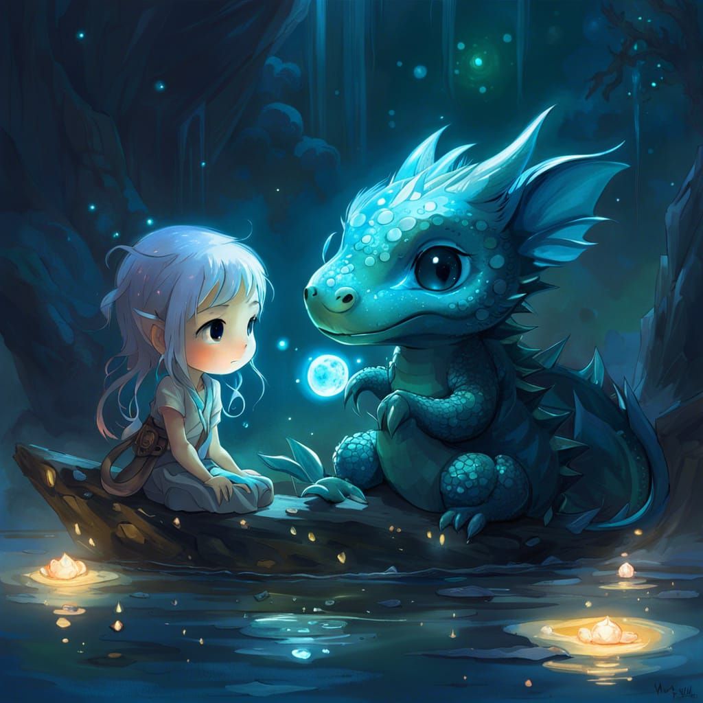 Chibi Dragon and Human Friendship on Enchanted Waters