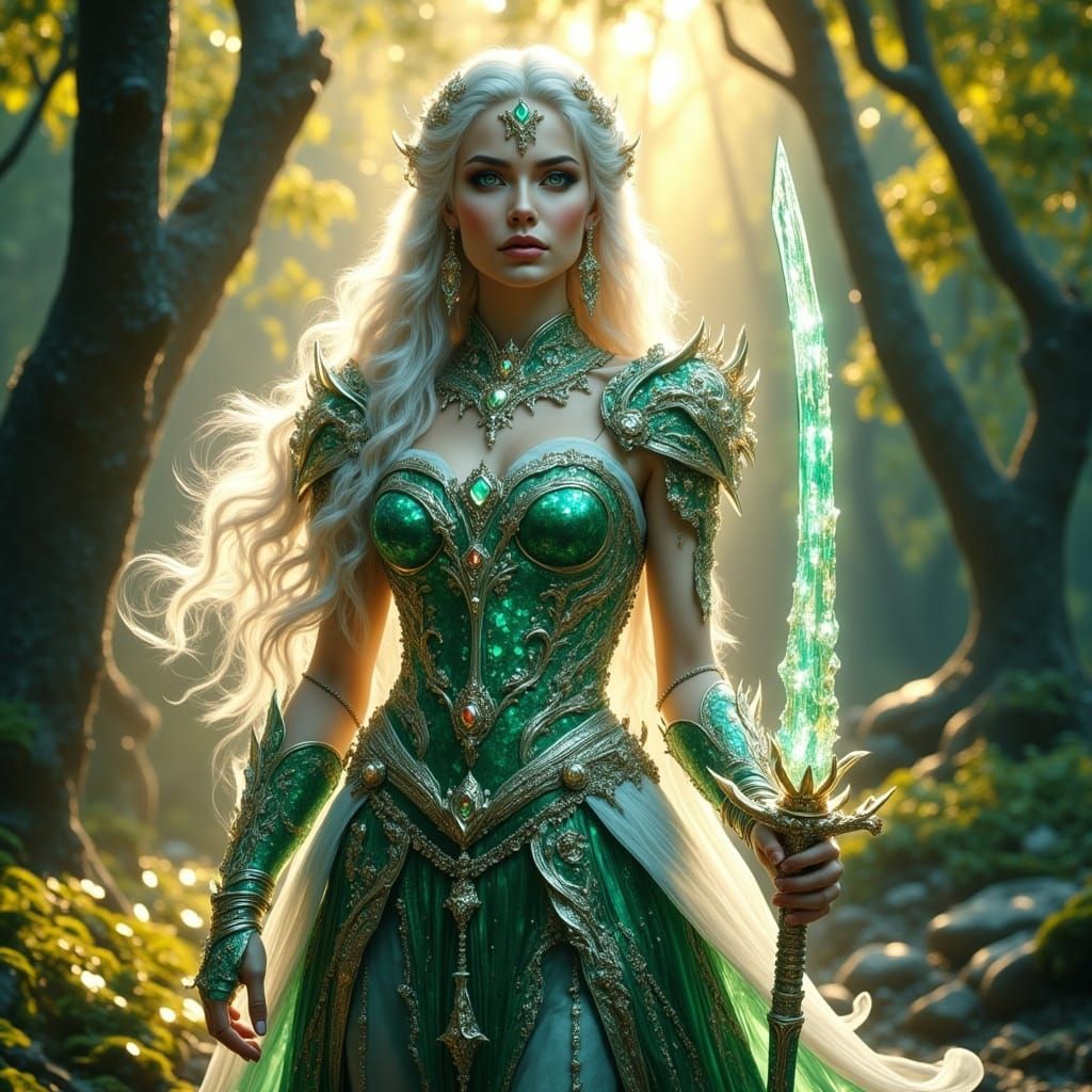Elven Warrior in Sunlit Forest, Crystal Armor