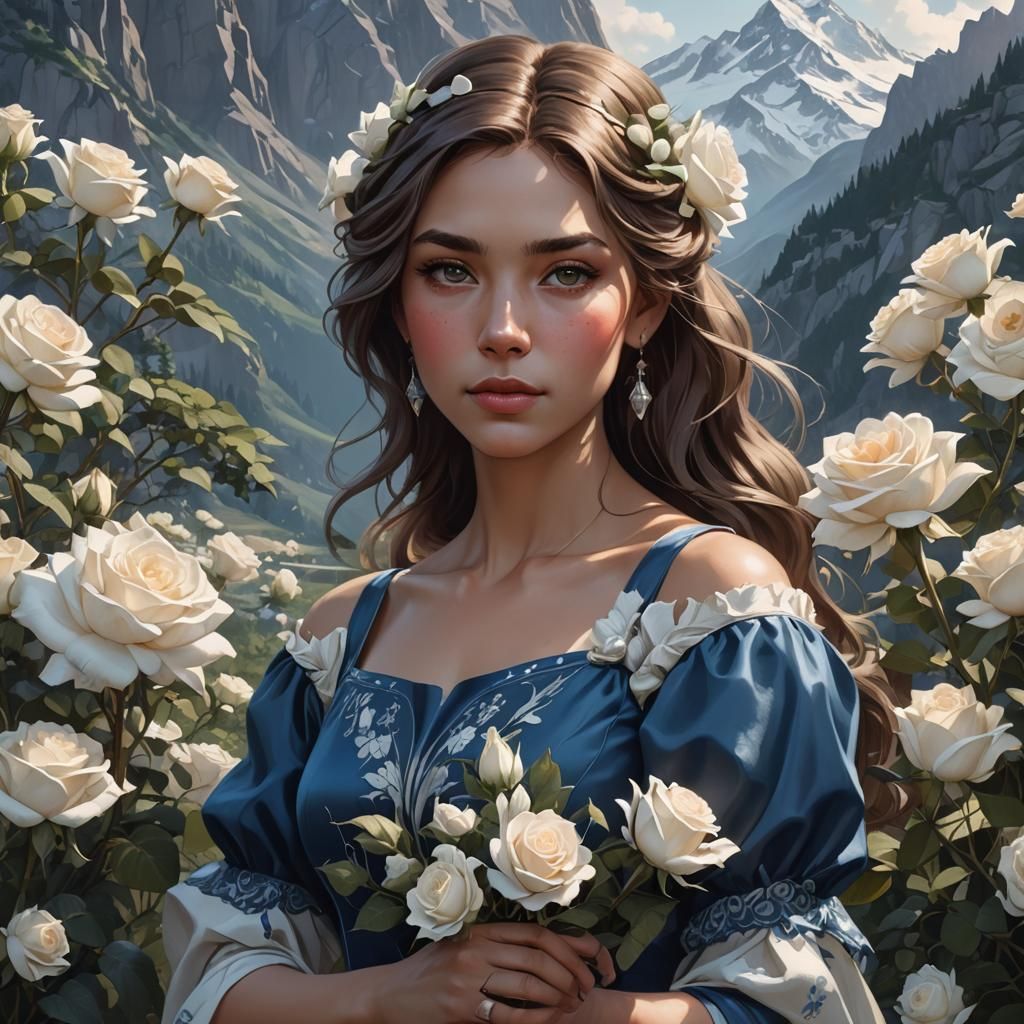 Girl with Roses: Hyperdetailed Portrait in Blue Dress