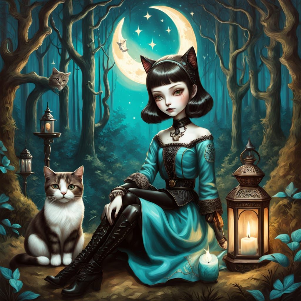 Gothic Fantasy Girl Sits Beside Cat in Lush Forest