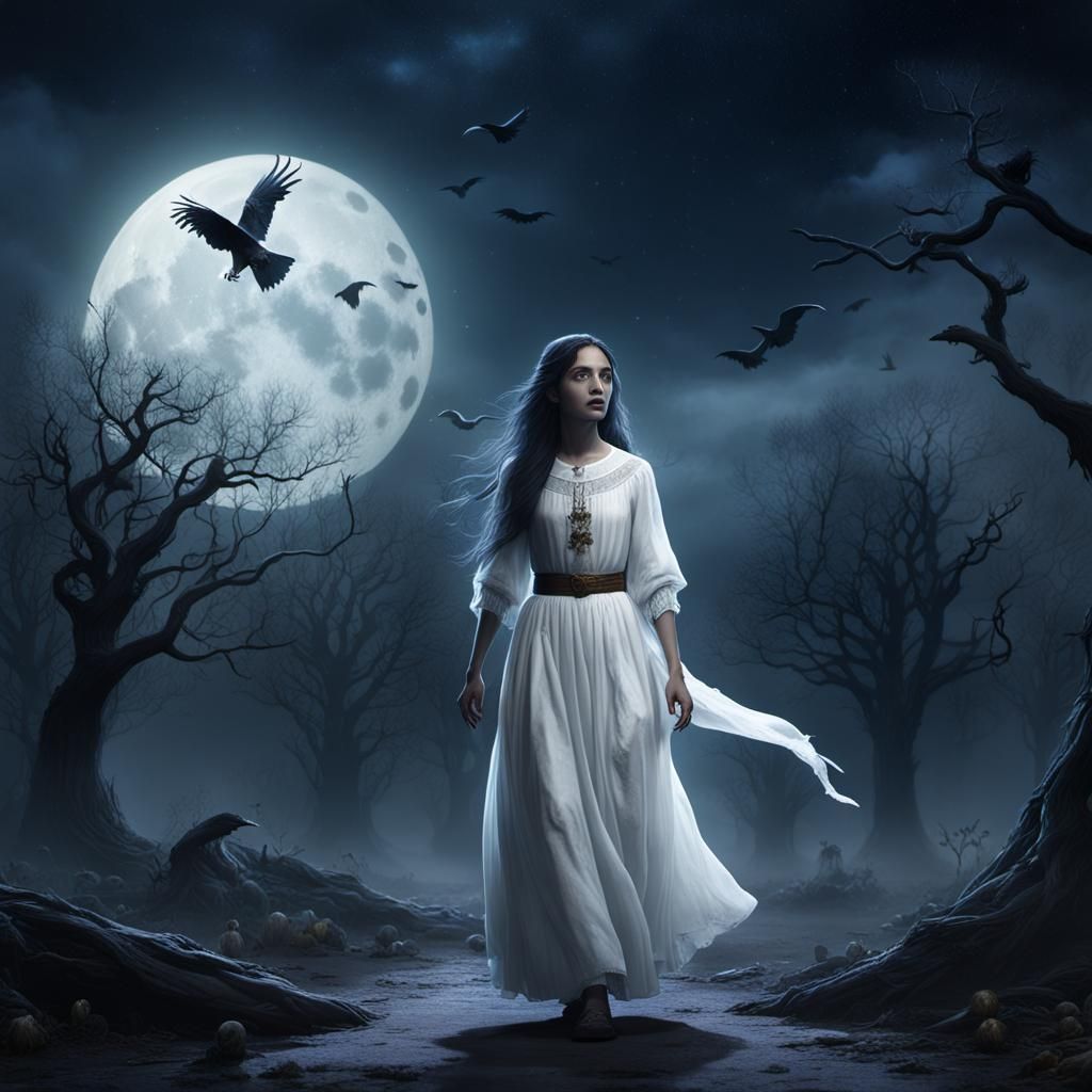 Mysterious La Llorona in Moonlight: Fantasy Art
