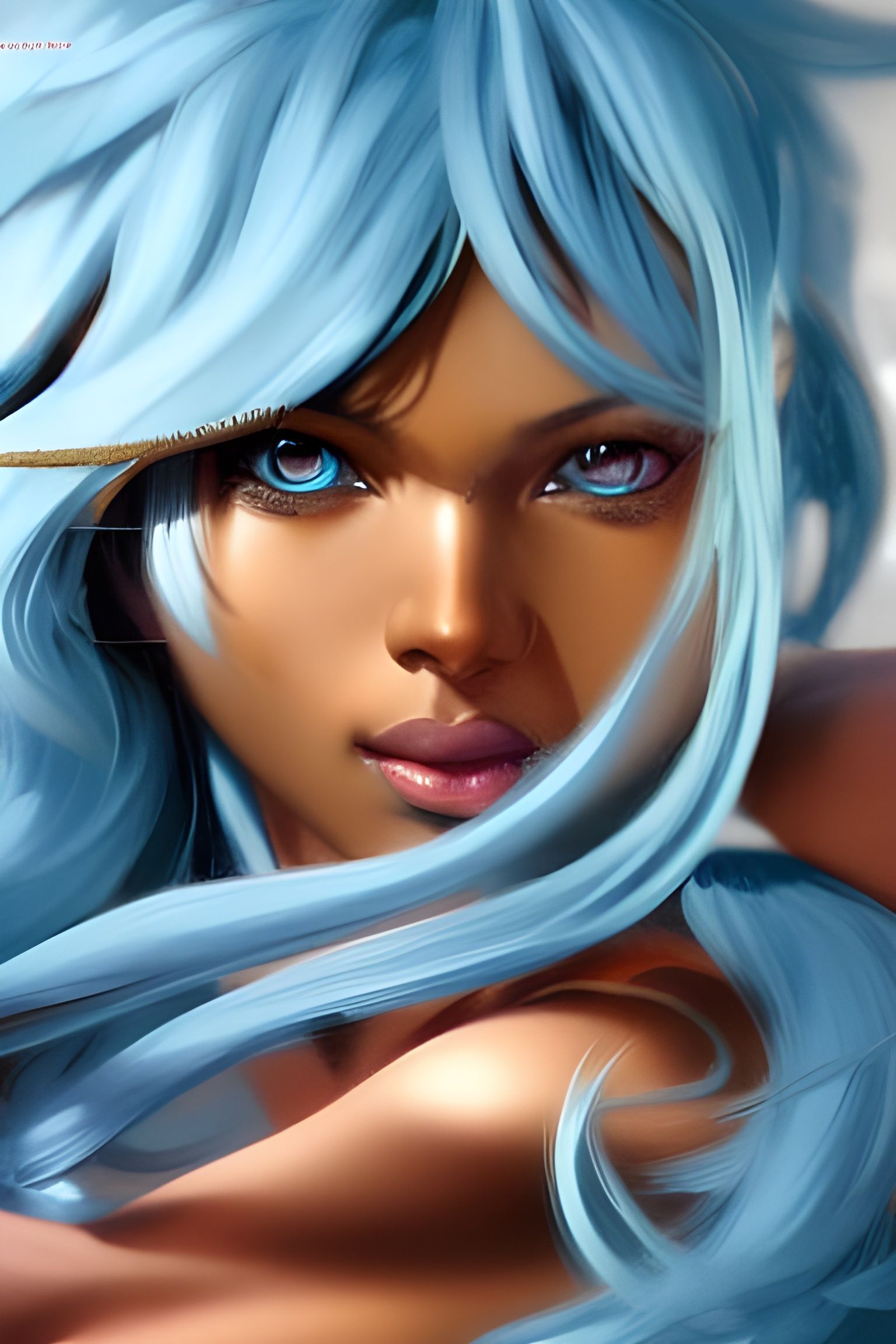 Mocha Beauty with Blue Hair: Hyperdetailed Portrait
