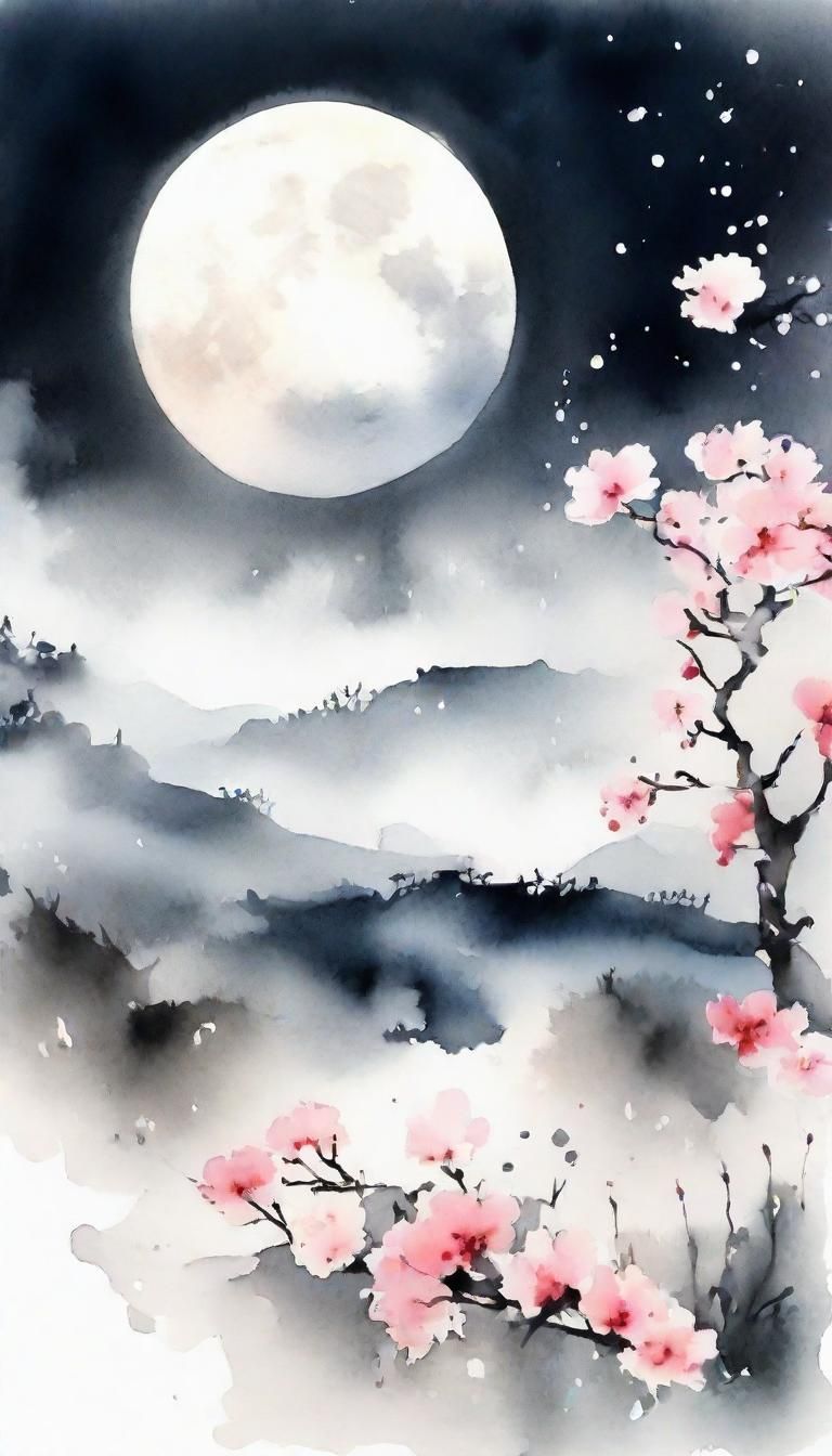 Cherry Blossoms and Moon in Chinese Ink Painting