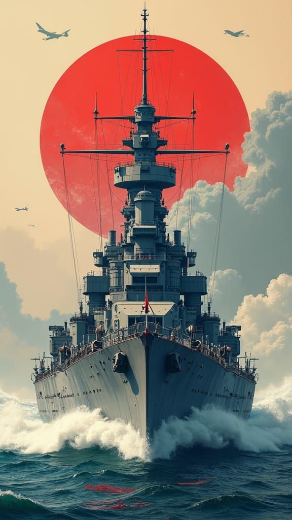 Japanese Battleship with Air Tower in Art Nouveau Style
