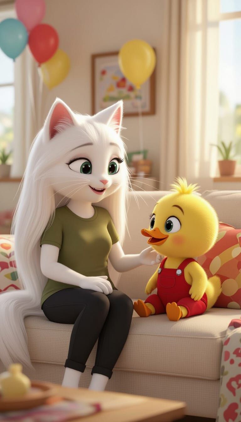 Mama Cat and Duckling Baby in Cozy Living Room