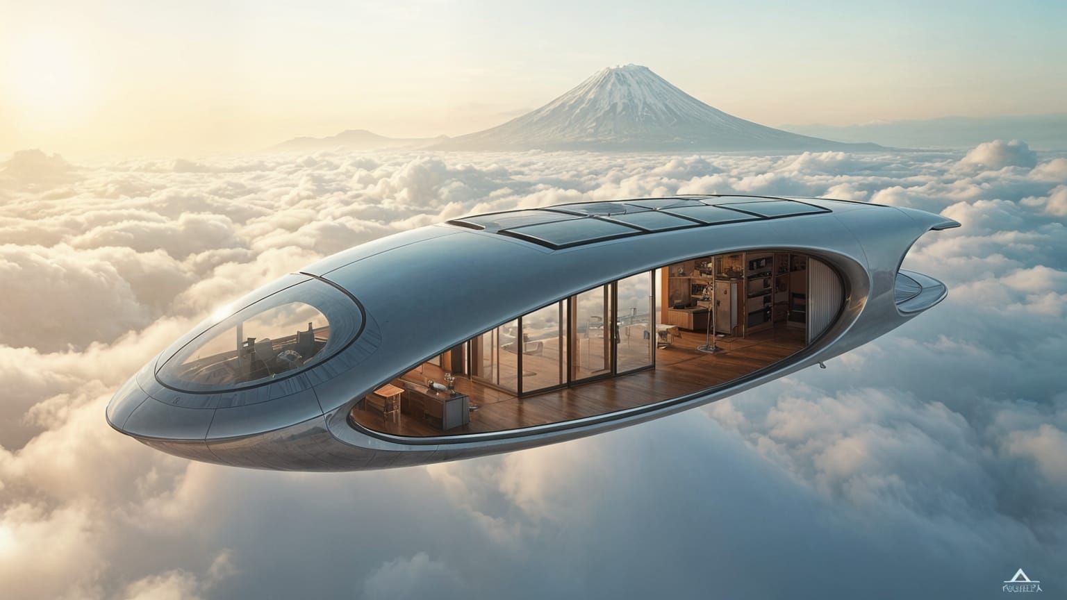 Futuristic Mobile Cabin Glides Over Fuji, Digital Art